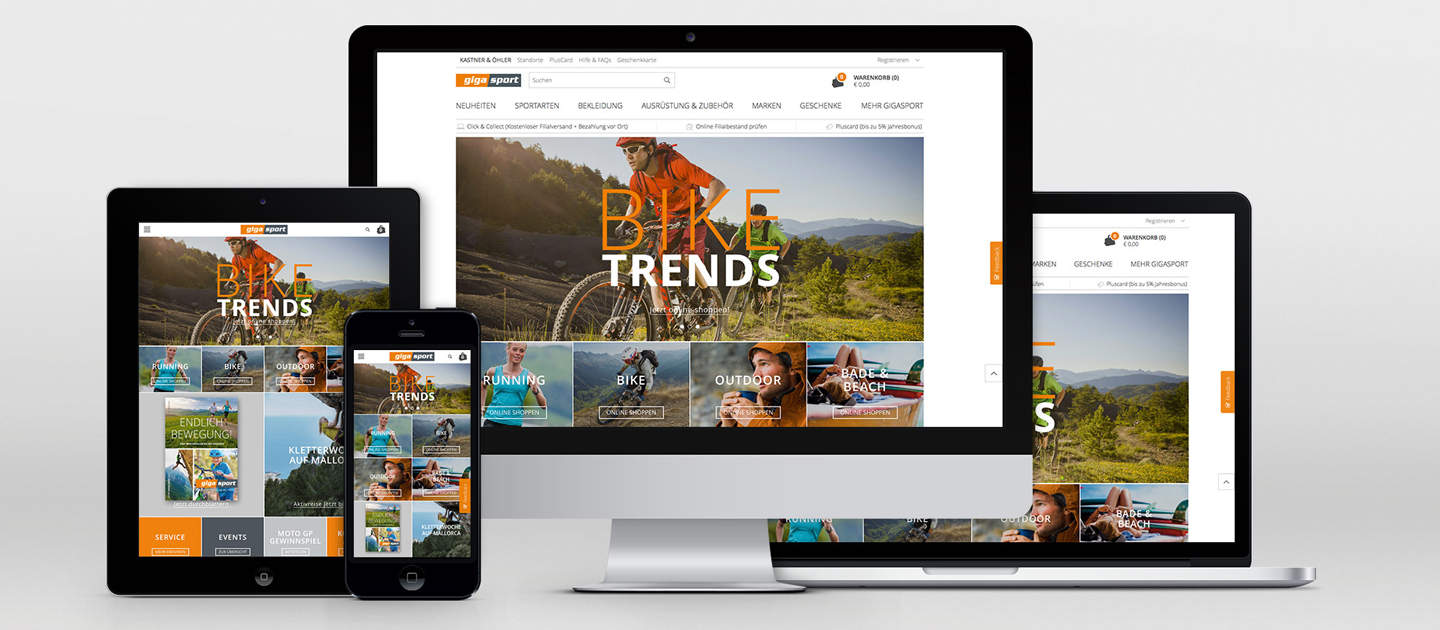 Geräte, auf denen eine Website mit Inhalten zum Thema Outdoor und Radfahren mit der Überschrift „Fahrradtrends“ angezeigt wird. Die Website wird auf Smartphones, Tablets, Laptops und Desktops angezeigt und enthält alle lebendige Bilder von Natur und Fahrradaktivitäten.