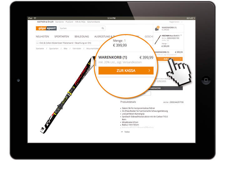Auf einem Tablet wird eine Online-Shoppingseite mit einem Skiprodukt angezeigt. Der Preis beträgt 399,99 Euro, und ein hervorgehobener Warenkorb-Button mit einem Cursor auf „Zur Kassa“ ist zu sehen.
