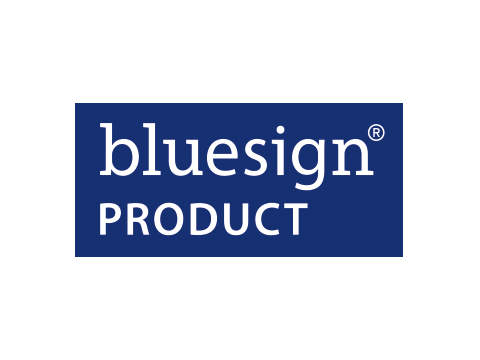 Bluesign-Produktlogo mit weißem Text auf dunkelblauem, rechteckigem Hintergrund. Das Wort „bluesign“ ist klein geschrieben und „PRODUCT“ steht darunter groß geschrieben.