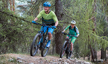 Zwei Radfahrer fahren mit Mountainbikes auf einem Waldweg. Der vordere Radfahrer trägt ein blau-grünes Outfit mit Helm, während der zweite Radfahrer ein grünes Outfit mit Helm trägt. Hohe Bäume säumen den Weg.