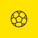 Illustration eines Fußballs mit schwarzem Umriss auf leuchtend gelbem Hintergrund.