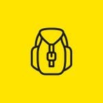 Einfacher schwarzer Umriss eines Rucksacks auf leuchtend gelbem Hintergrund. Der Rucksack hat eine Klappe mit einer Schnalle in der Mitte.