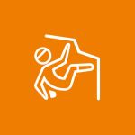 Symbol einer kletternden Person, dargestellt mit weißen Linien auf orangefarbenem Hintergrund. Die Figur ist mit einem ausgestreckten Arm und einem ausgestreckten Bein dargestellt, was auf eine aktive Kletterbewegung hinweist.