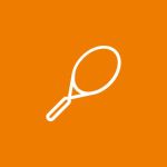 Eine weiße Strichzeichnung eines Badmintonschlägers auf orangefarbenem Hintergrund.