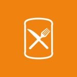 Symbol einer weißen Dose mit gekreuzter Gabel und Messer auf orangefarbenem Hintergrund.