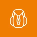 Symbol eines Rucksacks mit Schnalle, weiß umrandet auf orangefarbenem Hintergrund.