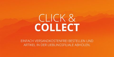 Orangefarbener Hintergrund mit dem Text „CLICK & COLLECT“ in Weiß. Unten in kleinerer weißer Schrift: „Einfach versandkostenfrei bestellen und Artikel in der Lieblingsfiliale abholen.“.