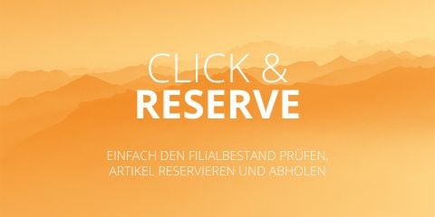 Text „Click & Reserve“ über einem Hintergrund mit Farbverlauf von Gelb zu Orange, der einer Berglandschaft ähnelt. Unten steht der Text „Einfach den Filialbestand prüfen, Artikel reservieren und abholen“, was übersetzt „Einfach den Filialbestand prüfen, Artikel reservieren und abholen“ bedeutet.