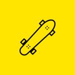 Strichzeichnung eines Skateboards mit zwei Rädern an jedem Ende auf einem leuchtend gelben Hintergrund.