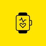 Symbol einer Smartwatch mit einem Herz und einer Herzschlaglinie auf dem Bildschirm, das auf eine Gesundheits- oder Fitness-App hinweist. Das Symbol ist schwarz auf einem hellgelben Hintergrund.