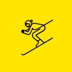 Symbol einer Person, die in geduckter Haltung Ski fährt, dargestellt mit einfachen schwarzen Linien. Der Skifahrer trägt einen Helm und der Hintergrund ist leuchtend gelb.