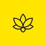 Der einfache schwarze Umriss einer Lotusblume mit fünf Blütenblättern steht zentriert auf einem leuchtend gelben Hintergrund.