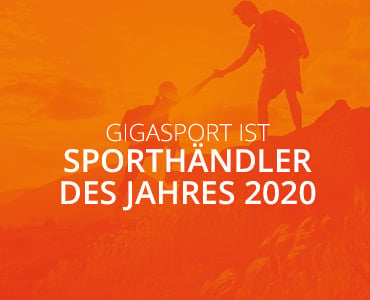 Zwei Wanderer als Silhouetten auf einem Hügel, wobei einer dem anderen beim Aufstieg hilft. Auf dem orangefarbenen Hintergrund steht der Text: „Gigasport ist Sporthändler des Jahres 2020.“.