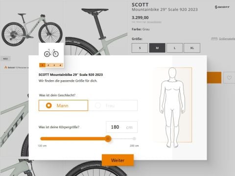 Es wird eine Website zum Fahrradkauf angezeigt, auf der ein graues SCOTT Mountainbike 29" Scale 920 2023 zum Preis von 3.299,00 angeboten wird. In einem Popup wird eine Größenauswahl mit Optionen für Männer/Frauen, ein Höhenregler für 180 cm und ein Diagramm der menschlichen Silhouette angezeigt.