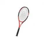 Auf dem weißen Hintergrund ist ein Tennisschläger mit einem rot-schwarzen Rahmen und einem schwarzen Griff abgebildet. Die Saiten bilden ein Gittermuster über dem Schlägerkopf.