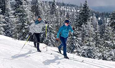 Zwei Personen laufen auf einer verschneiten Loipe Ski, umgeben von schneebedeckten Bäumen. Beide tragen Winterkleidung, darunter Jacken, Mützen und Sonnenbrillen. Der Himmel ist bedeckt und die Landschaft ist ein Winterwunderland.