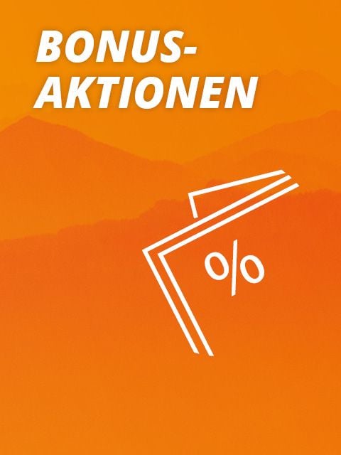 Orangefarbener Hintergrund mit dem Text „BONUS-AKTIONEN“ in Weiß. Darunter ist eine stilisierte weiße Einkaufstasche mit einem Prozentsymbol abgebildet.