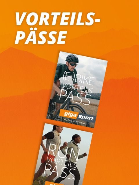 Zwei senkrecht stehende Karten auf orangefarbenem Hintergrund. Die obere Karte zeigt einen Radfahrer und den Text „(E-)Bike Vorteilspass“. Die untere Karte zeigt zwei Läufer und den Text „Run Vorteilspass“. Beide sind mit dem Logo von „gigasport“ versehen. Hintergrundtext: „VORTEILS-PÄSSE“.