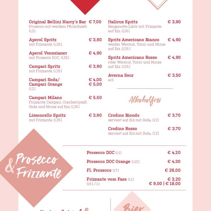 Eine Speisekarte mit italienischen Aperitivo-Optionen. Die Gerichte umfassen verschiedene Spritz-, Wein- und Biersorten mit Preisen. Die Abschnitte sind Aperitivo, Prosecco & Frizzante und Bier. Rot-weißes Design mit deutschem Text und Euro-Preisen.