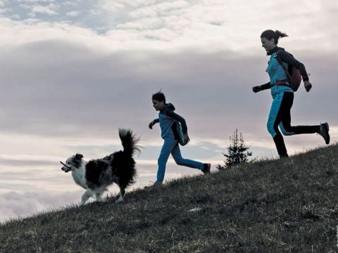 Eine Frau und ein Kind, beide in blauer Sportkleidung, laufen mit einem schwarz-weißen Hund, der einen Stock trägt, einen Grashang hinauf. Der Himmel ist mit weißen Wolken bedeckt. In der Ferne sind Bäume zu sehen.