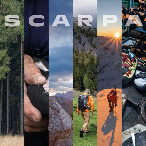Collage aus sieben vertikalen Streifen mit Outdoor-Motiven: ein Wald, die Hand einer Person mit einem Stein, wolkenverhangene Berge, Wanderer auf einem grünen Hang, Berge bei Sonnenaufgang, Kletterer auf einer Klippe und bunte Kletterschuhe. Darüber liegt der Text „SCARPA“.