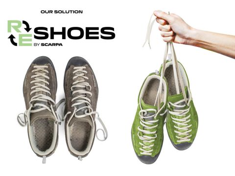 Links ist ein Paar graue Schuhe mit weißen Schnürsenkeln zu sehen. Rechts hält eine Hand ein Paar grüne Schuhe an den Schnürsenkeln. Darüber steht „UNSERE LÖSUNG: RESHOES BY SCARPA“.