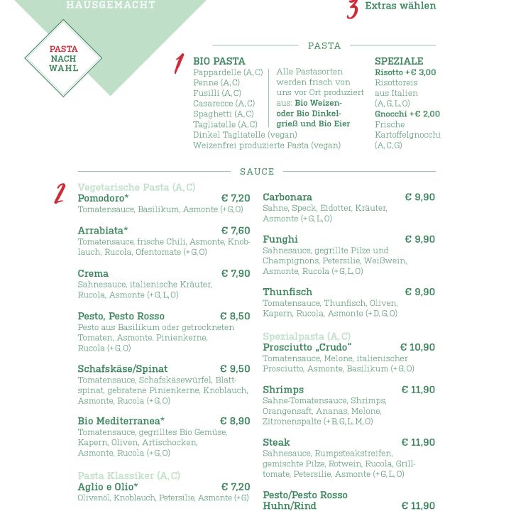 Speisekarte des Pasta-Restaurants „Pasta Hausgemacht“ auf Deutsch. Sie bietet die Möglichkeit, Pasta, Soße und Beilagen auszuwählen. Preise für verschiedene Soßen wie Pomodoro, Pesto Rosso und Carbonara sind angegeben. Beilagen und Getränke sind ebenfalls erhältlich.