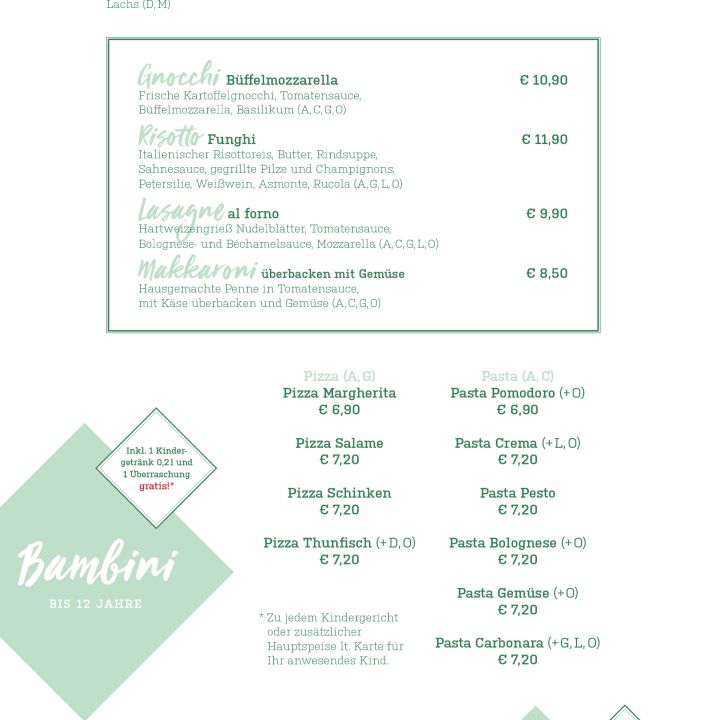 Eine Speisekarte mit Abschnitten für Extras, Hauptgerichte und Suppen. Zu den Extras gehören veganer Käse und Gnocchi mit Büffelmozzarella. Die Hauptgerichte bieten Pizza, Pasta, Schnitzel und Risotto. Ein Abschnitt für Kinder ist grün hervorgehoben.