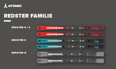 Abbildung von vier Atomic Redster-Skiern auf grauem Hintergrund. Jedes Set hat ein einzigartiges Design und eine einzigartige Farbe: Rot, Blaugrün, Rot mit Schwarz und Grau. Der Text links lautet: „ATOMIC“ und „REDSTER FAMILIE, REDSTER G/S, REDSTER X, REDSTER Q“.