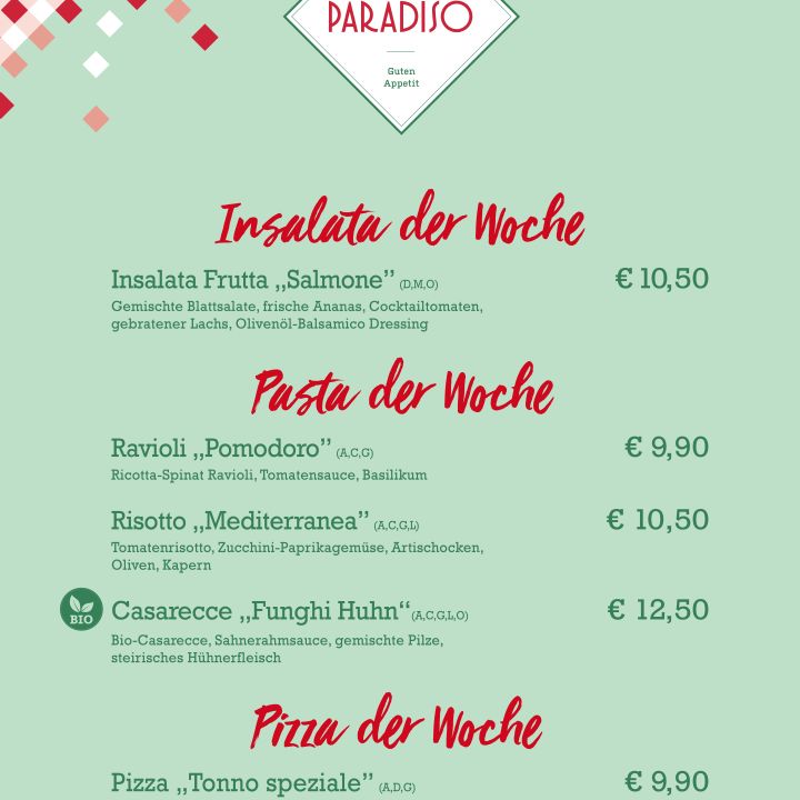 Eine grüne Speisekarte von Paradiso listet wöchentlich italienische Gerichte auf: Insalata Frutta „Salmone“, Ravioli „Pomodoro“, Risotto „Mediterranea“, Casarecce „Funghi Huhn“ und Pizza „Tonno speciale“. Die Preise liegen zwischen 9,50 und 12,50 Euro. Logos für Too Good To Go werden angezeigt.