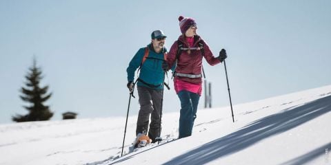 Zwei Personen wandern mit Trekkingstöcken bergauf durch eine verschneite Landschaft. Einer trägt eine türkisfarbene Jacke, der andere eine rosa Jacke und eine Mütze. Links steht ein schneebedeckter Baum unter einem strahlend blauen Himmel.