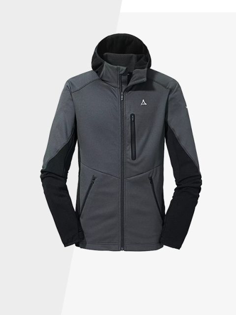 Eine grau-schwarze Kapuzenjacke auf weißem Hintergrund. Sie verfügt über eine Brusttasche, Seitentaschen und ein Logo auf der rechten Brust. Die Jacke hat ein schlankes, sportliches Design mit taillierter Silhouette.