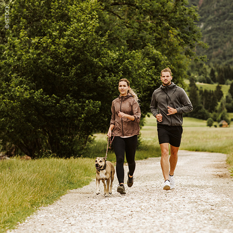Ein Mann und eine Frau joggen Seite an Seite mit einem Hund an der Leine auf einem Schotterweg. Sie sind umgeben von saftigem grünem Gras und Bäumen, im Hintergrund sind Hügel zu sehen. Beide tragen Kapuzenpullover und Shorts und sind ganz auf ihre Aktivität konzentriert.
