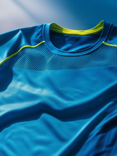Blaues Sportshirt mit hellgrünen Akzenten an Halsausschnitt und Schultern sowie einem atmungsaktiven Mesh-Einsatz auf der Brust. Das Shirt liegt flach und fängt das natürliche Licht ein, wobei dezente Schatten für Tiefe sorgen.