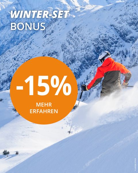 Ein Skifahrer in leuchtendem Outfit fährt einen verschneiten Berg hinunter, während darüber ein blauer Himmel liegt. Auf einem orangefarbenen Kreis sind die Texte „Winter-Set Bonus“ und „-15 % Mehr Erfahren“ eingeblendet, die einen Rabatt von 15 % bieten.