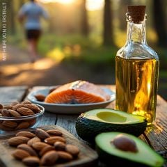 Auf einem Holztisch liegen Mandeln, Avocado, ein Stück Lachs und eine Flasche Olivenöl. Die Szene spielt in einem Wald während der goldenen Stunde. Im unscharfen Hintergrund läuft eine Person einen sonnenbeschienenen Pfad entlang.