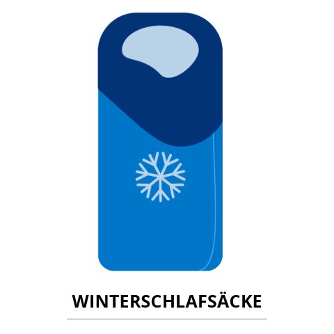 Ein blauer Schlafsack mit einer dunkelblauen Innenseite, hellblauer Außenseite und einem weißen Schneeflockensymbol in der Mitte.