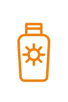 Oranger Umriss einer Sonnencremeflasche mit einem Sonnensymbol auf der Vorderseite vor einem schlichten hellgrauen Hintergrund.