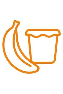 Orangefarbene Umrisszeichnung einer Banane neben einem Joghurtbecher auf hellgrauem Hintergrund.