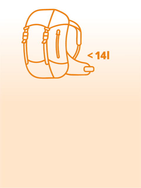 Umriss eines Rucksacks mit dem Schriftzug "10-25 l", der auf ein Fassungsvermögen des Rucksacks von 10 bis 25 Litern hinweist; das Bild hat einen orangefarbenen Hintergrund.