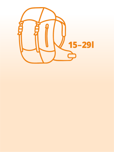 Ein orangefarbener Umriss eines Rucksacks mit den Zahlen "15-291" auf der oberen Tasche vor einem hellen pfirsichfarbenen Hintergrund mit Farbverlauf.