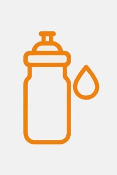 Oranger Umriss einer Wasserflasche mit einem Tröpfchensymbol daneben, auf hellgrauem Hintergrund.