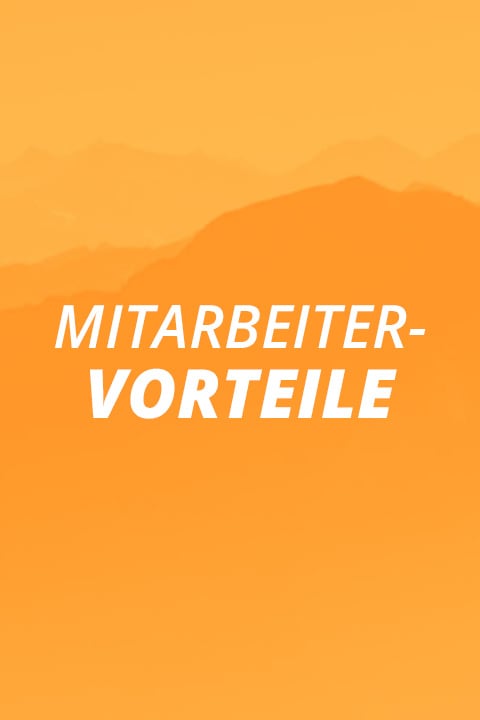 Weißer Text "MITARBEITER-VORTEILE" auf orangefarbenem Hintergrund mit dezenten Bergsilhouetten.