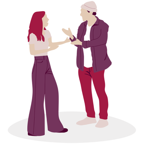 Eine Illustration einer Frau und eines Mannes, die sich unterhalten. Die Frau hat lange Haare und trägt eine Hose mit weiten Beinen und ein kurzärmeliges Oberteil. Der Mann trägt eine Mütze, eine Jacke und eine Hose. Beide gestikulieren mit ihren Händen.