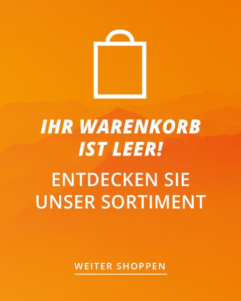 Eine Grafik eines Einkaufstütensymbols mit dem deutschen Text „Ihr Warenkorb ist leider noch leer!“ und einem orangefarbenen Button mit der Aufschrift „WEITER SHOPPEN“ darunter, der einen leeren Einkaufswagen und eine Aufforderung zum Weitereinkauf anzeigt.