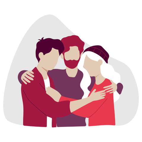 Illustration von drei Menschen mit abstrakten Gesichtszügen, die eng beieinander stehen und sich in einer unterstützenden Gruppenumarmung umarmen. Der Hintergrund ist eine einfache hellgraue Form.