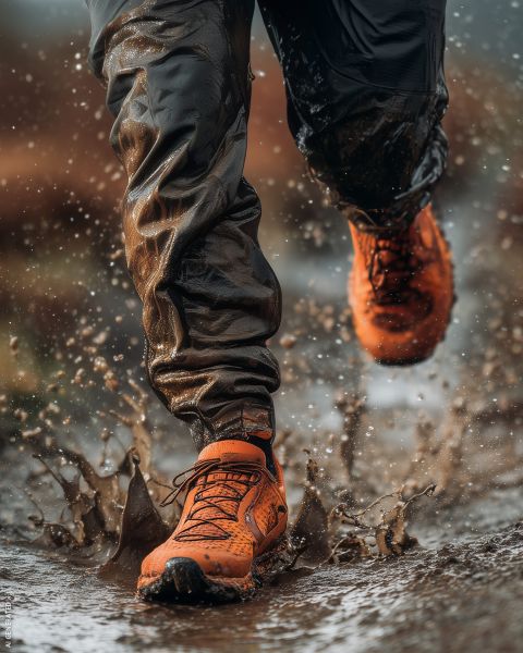 Eine Person in orangefarbenen Laufschuhen spritzt durch eine schlammige Pfütze, wobei Wassertropfen und Schlamm um ihre Beine und Hosen fliegen.