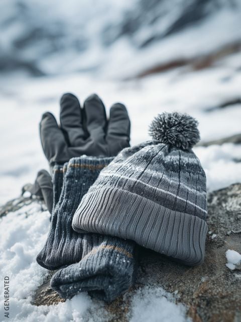 Eine graue Wintermütze und passende Handschuhe ruhen auf einem verschneiten Felsen, während die verschneiten Berge im Hintergrund verschwimmen.