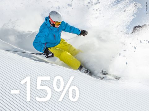 Orangefarbener Hintergrund mit großem weißem Text „-15 %“, gefolgt vom kleineren Text „ALPINSKI BONUS*“ darunter.