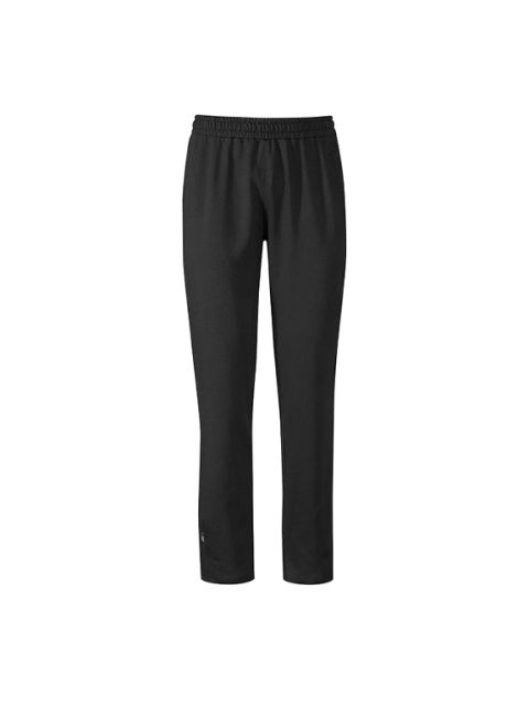 Schwarze Hose mit geradem Bein und elastischem Bund, auf weißem Hintergrund.